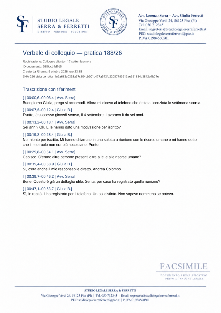 Esempio di verbale di colloquio su carta intestata dello Studio Serra & Ferretti, con parlanti e riferimenti temporali.