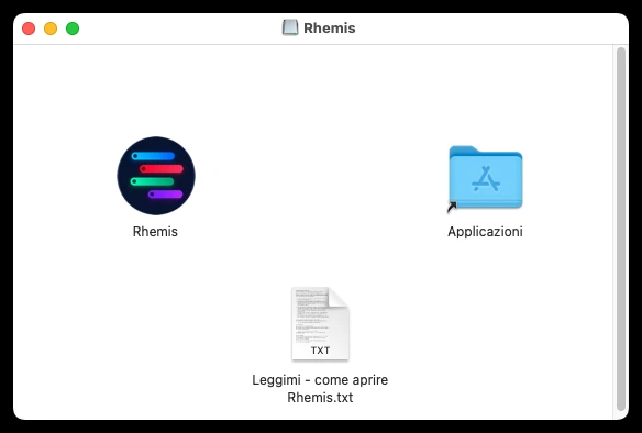 La finestra dell'immagine disco di Rhemis: a sinistra l'icona di Rhemis, a destra la cartella Applicazioni, sopra il foglio «Leggimi - come aprire Rhemis».