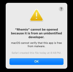 L'avviso del Mac: «Rhemis» non può essere aperto perché proviene da uno sviluppatore non identificato, con un solo pulsante OK.