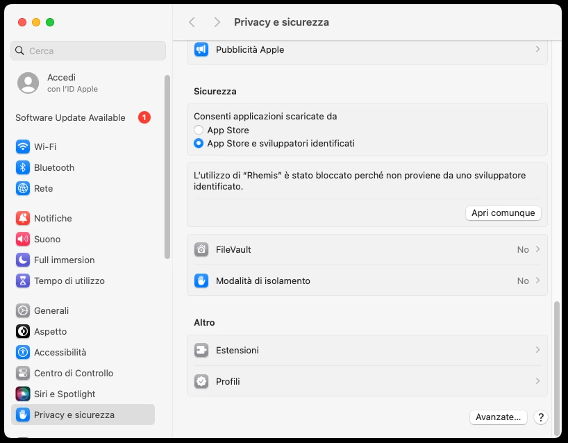 Impostazioni di Sistema, Privacy e sicurezza, sezione Sicurezza: la frase che dice che l'utilizzo di Rhemis è stato bloccato e il pulsante Apri comunque.