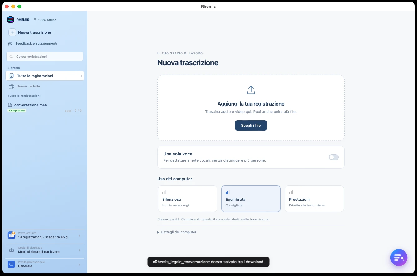 Rhemis aperto su un Mac: la barra laterale con la libreria, il riquadro per aggiungere una registrazione e il messaggio che il file Word è stato salvato tra i download.