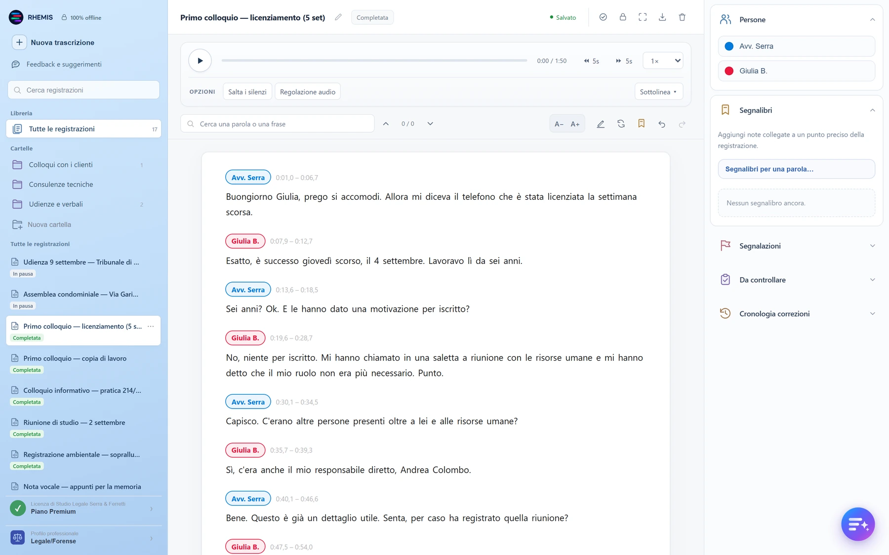 Lo spazio di lavoro di Rhemis: trascrizione al centro, lettore audio in alto, pannelli di revisione a destra.