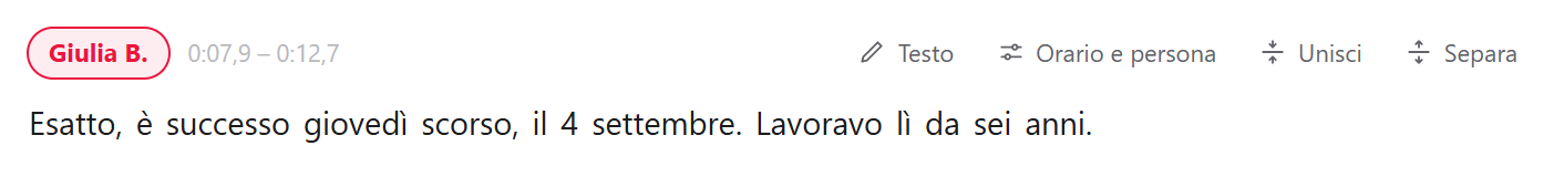 I comandi Testo, Orario e persona, Unisci e Separa che compaiono passando sopra un intervento.