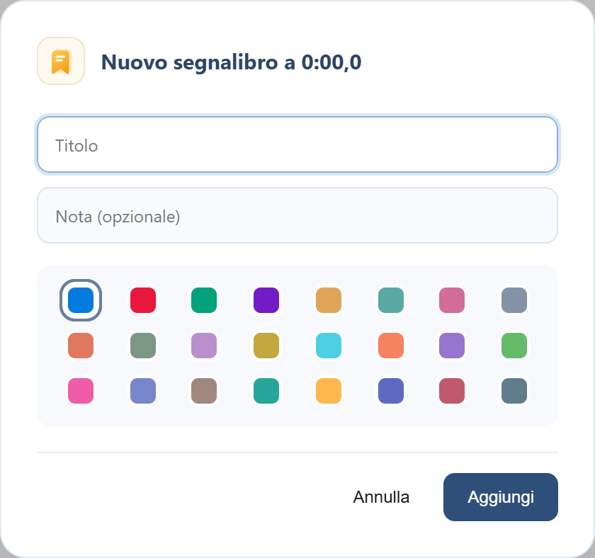 La finestra per aggiungere un nuovo segnalibro al tempo corrente.