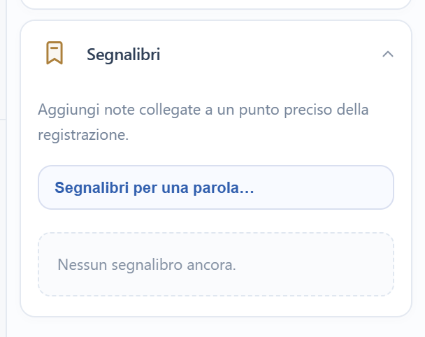 Il pannello Segnalibri con il comando Segnalibri per una parola.