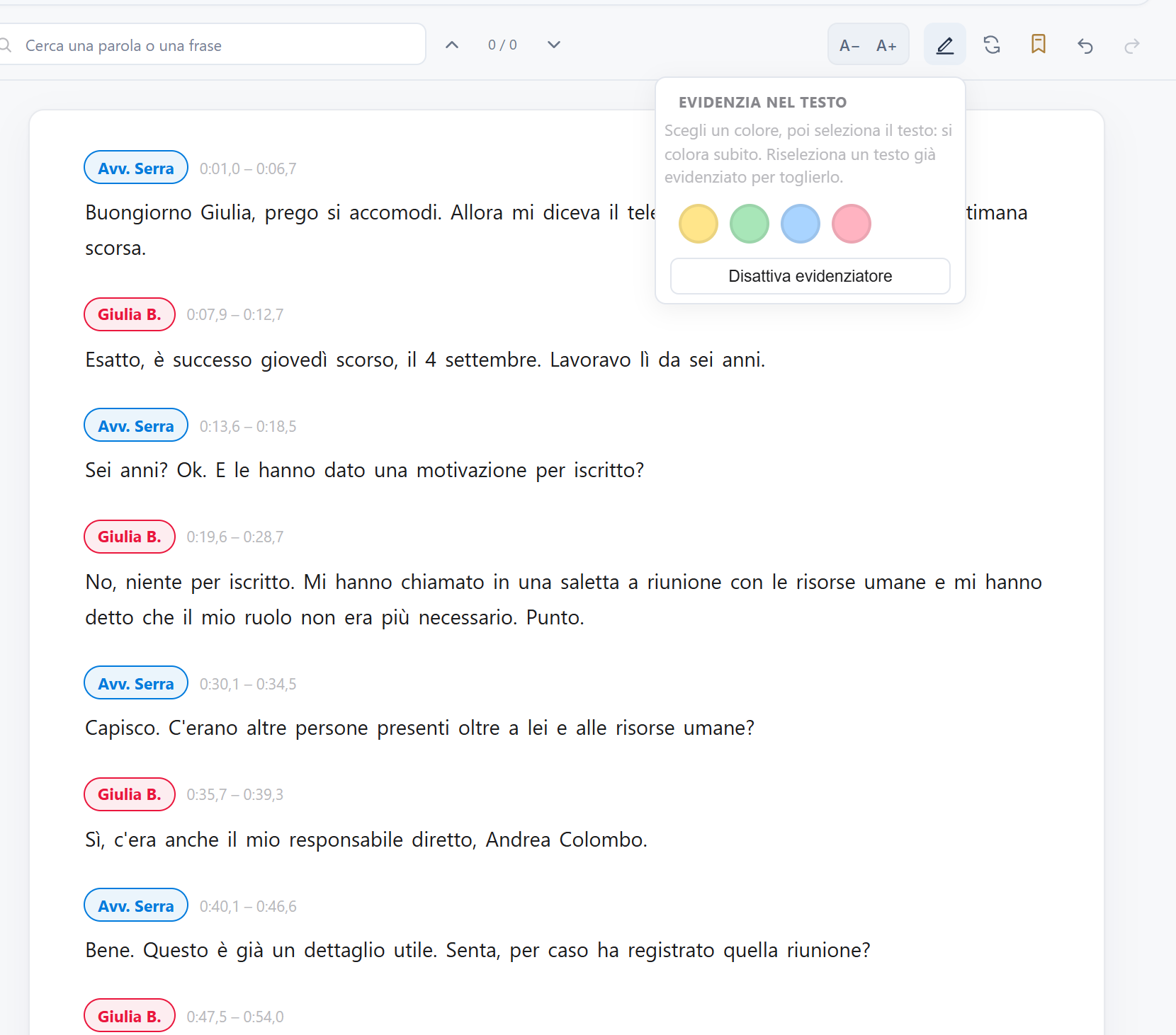 L'evidenziatore aperto sopra la trascrizione, con quattro colori a disposizione.