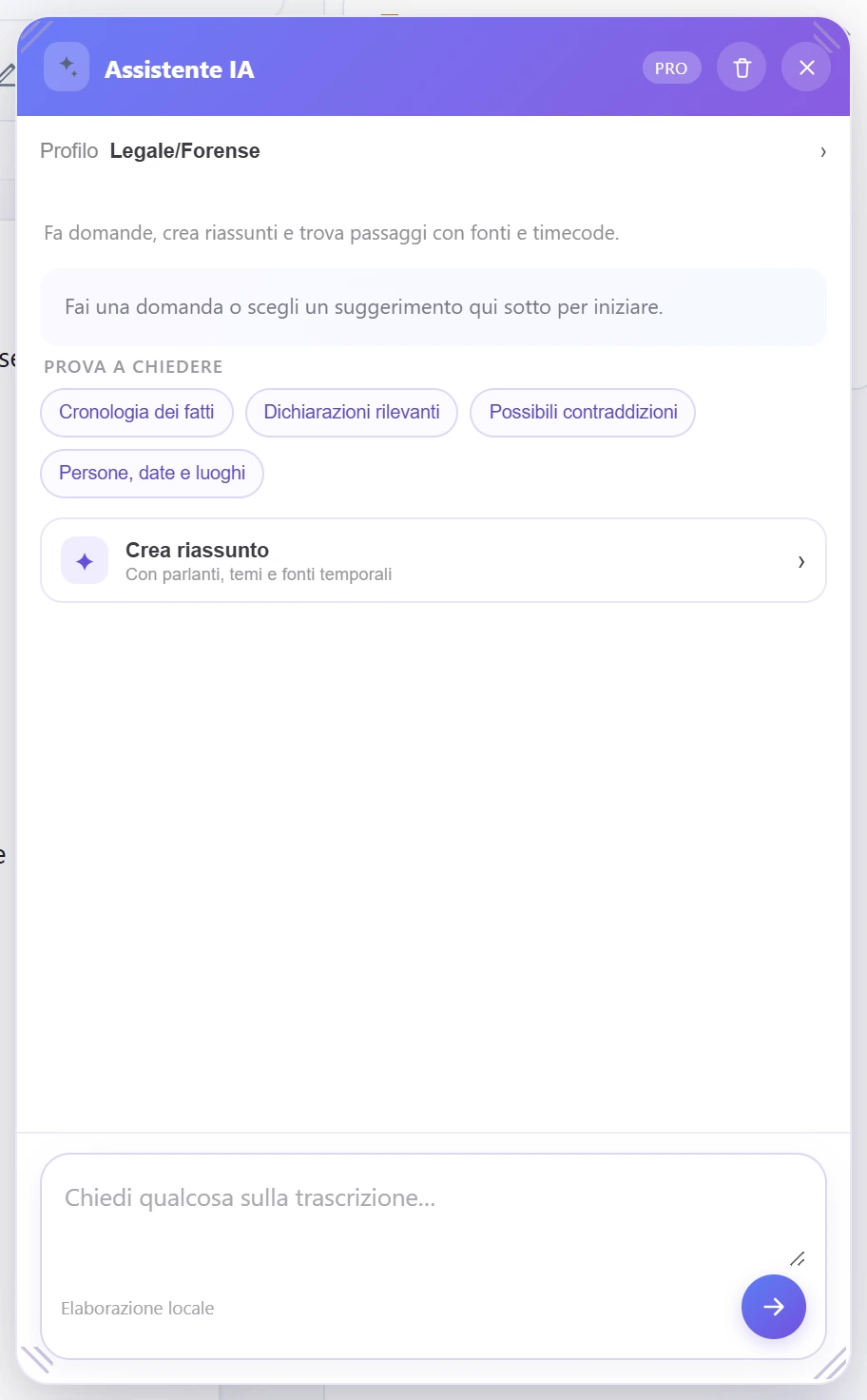 Il pannello dell'assistente IA con i suggerimenti del profilo legale e la dicitura Elaborazione locale.