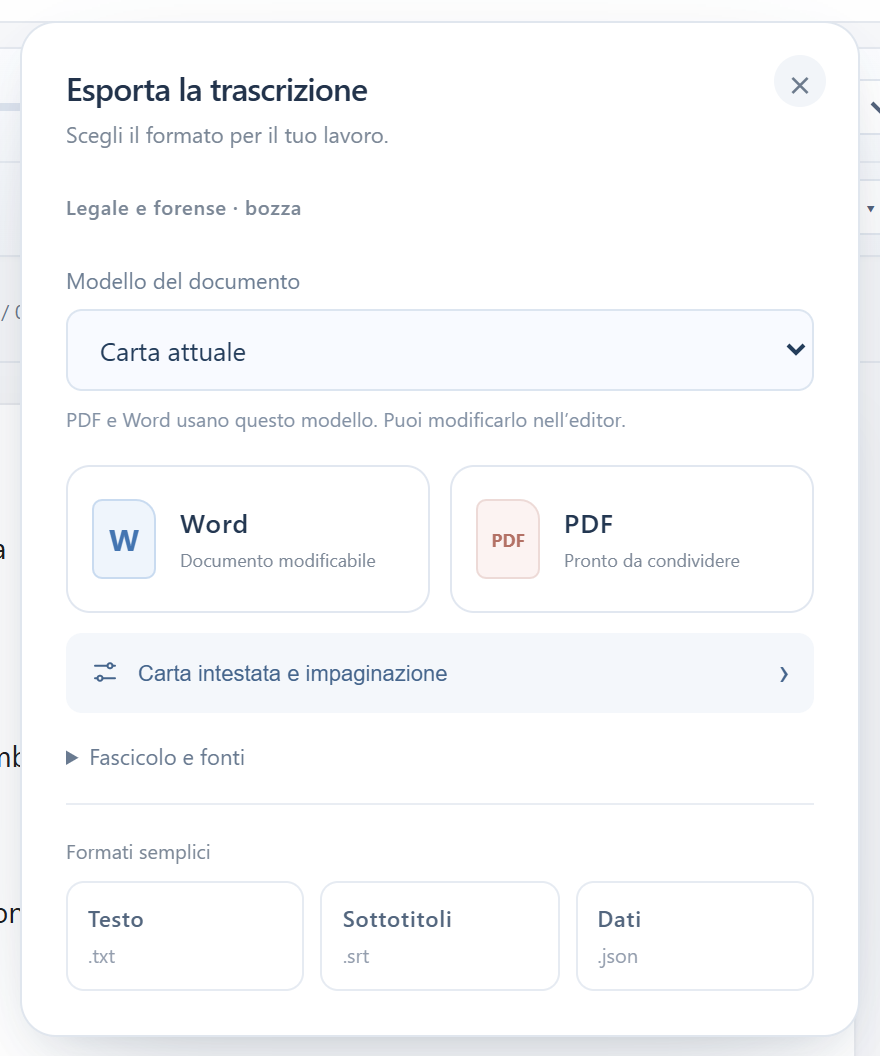 La finestra di esportazione con Word, PDF, carta intestata, fascicolo e fonti, txt, srt e json.