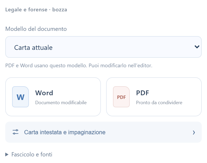 La sezione dei documenti professionali con modello di carta, Word e PDF.
