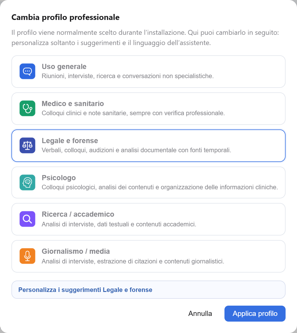 La finestra dei profili professionali con i sei profili disponibili.