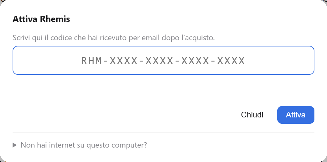 La finestra di attivazione con il campo per il codice ricevuto via email.