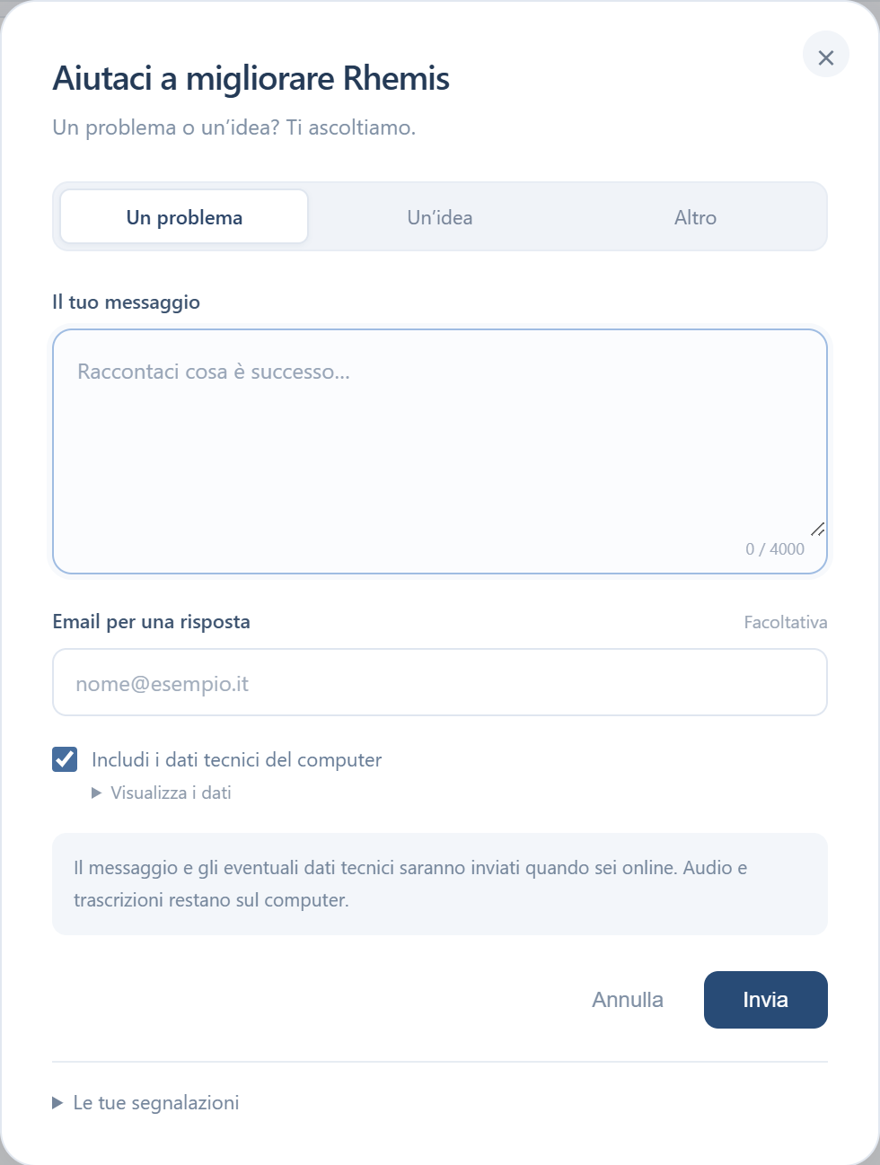 Il modulo di segnalazione con tipo, messaggio, email facoltativa e allegato tecnico opzionale.