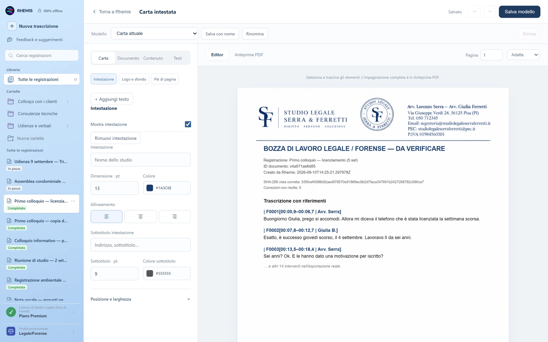 L'editor della carta intestata con i comandi a sinistra e l'anteprima del documento a destra.