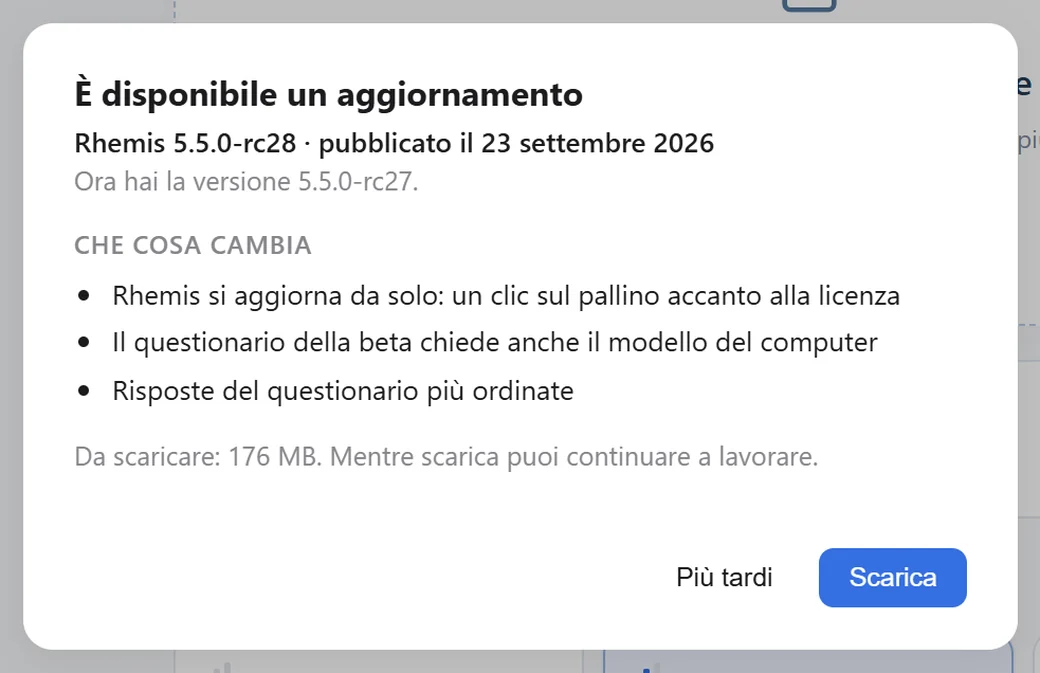 La finestra dell'aggiornamento: versione nuova, elenco delle novità, peso da scaricare e pulsante Scarica.
